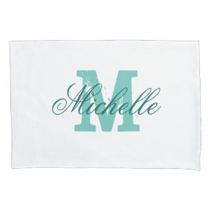 Taie d'oreiller monogramme personnalisée turquoise