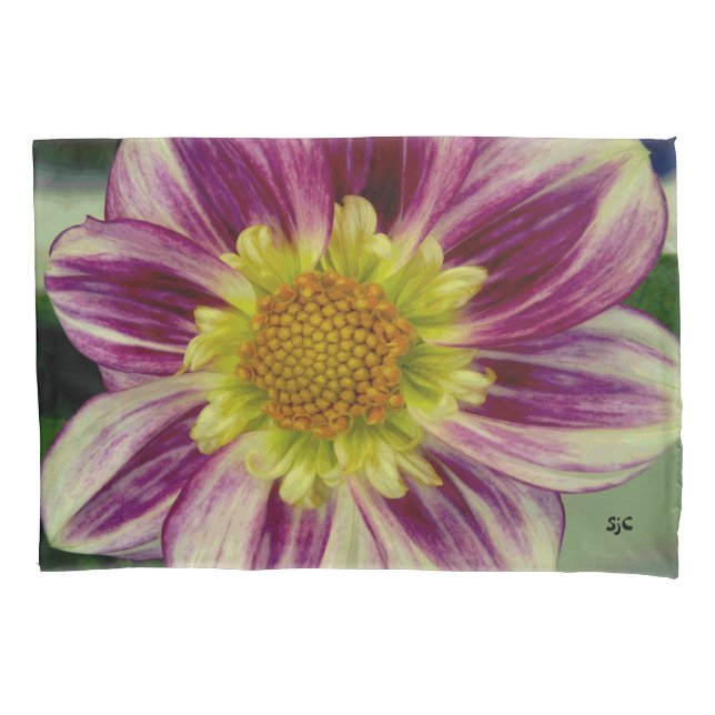 Taie d'oreiller pourpre et verte de dahlia (devant)