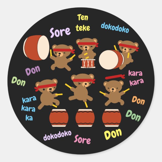 Taiko Stickers Kawaii Bears beim Taiko Drums (Vorderseite)