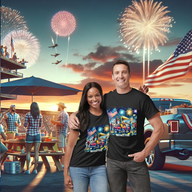 Tailgate Time Party Truck Feuerwerk Fahne Custom T-Shirt (Tailgate Time  T- Shirts with Fireworks and American Flag)