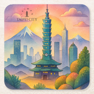 Taipei Stadt Taiwan Skyline Aquarell Rechteckiger Pappuntersetzer