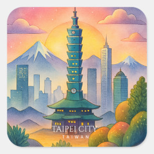 Taipei Stadt Taiwan Skyline Wasserfarbe Quadratischer Aufkleber