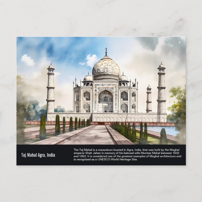 Taj Mahal Agra India Reisen Aquarellmalerei Postkarte (Vorderseite)