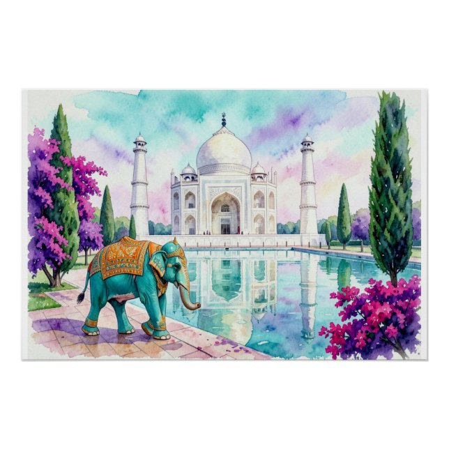 Taj Mahal & Elefant Aquarell Poster (Vorderseite)
