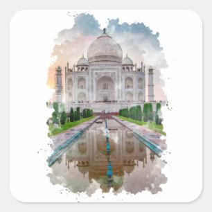 Taj Mahal Indien Aquarell Kunst   Quadratischer Aufkleber