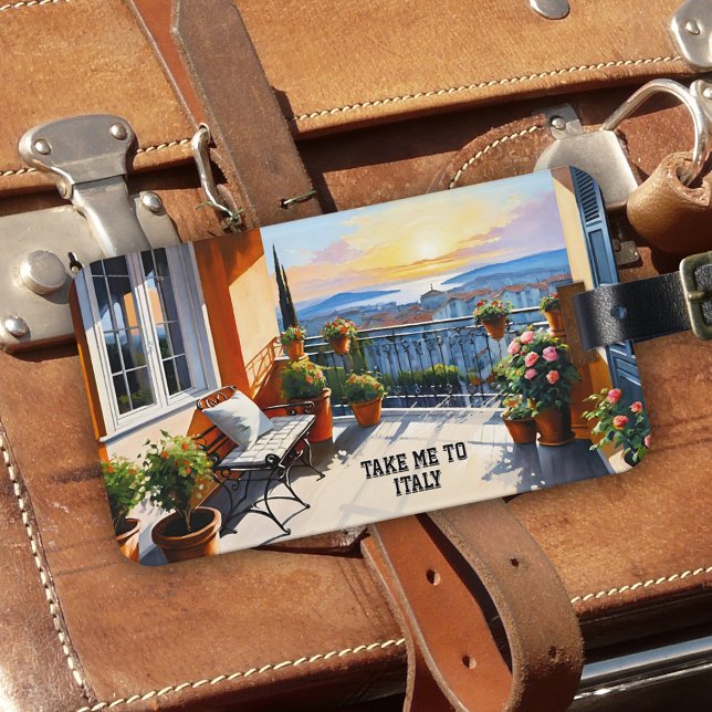 Take Me To Italy Landscape Sunset Gepäckanhänger (Luggage tag with a fine art painting showing a sunset landscape as seen from an Italian balcony)