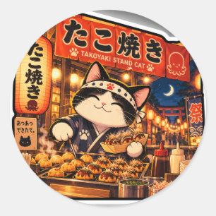 Takoyaki-Stand-Katze-Aufkleber Japanisches Festi Runder Aufkleber