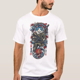 Taktischer Samurai-Katzenkrieger mit Drachen und K T-Shirt