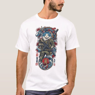 Taktischer Samurai-Katzenkrieger mit Drachen und K T-Shirt