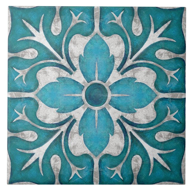 Talavera 01 Teal Blue Grey Mediterranean Floral Fliese (Vorderseite)