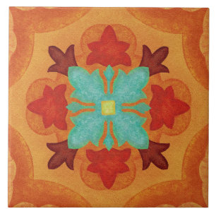 Talavera 02 Orange Rot Blau Mediterrane Blumen Fliese