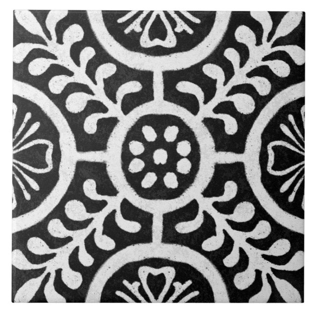 Talavera 11 Schwarz Weiß Grau Mediterrane Blumen Fliese (Vorderseite)