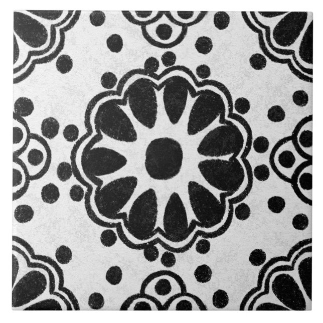 Talavera 12 Schwarz Weiß Grau Mediterrane Blumen Fliese (Vorderseite)