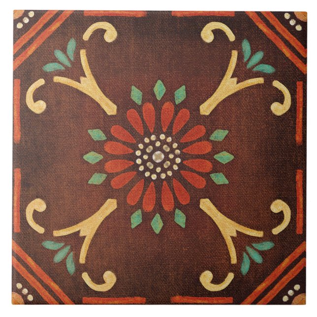 Talavera 14 Braun Rot Aqua Mediterrane Floral Fliese (Vorderseite)
