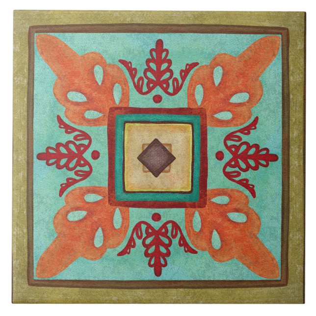 Talavera 15 Olive Aqua Orange Mediterranean Floral Fliese (Vorderseite)