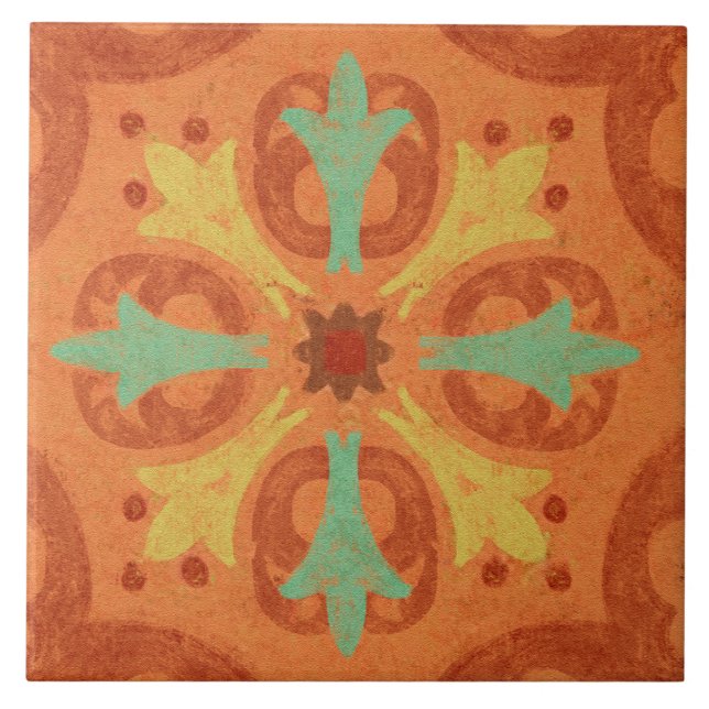 Talavera 16 Orange Rust Aqua Mediterranean Geo Fliese (Vorderseite)