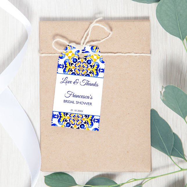 Talavera azulejo blauen Fliesen Brautparty bevorzu Geschenkanhänger (Talavera azulejo blue yellow tiles vintage Mexican bridal shower thank you favor gift tags)