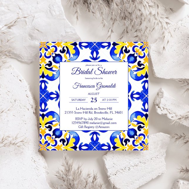 Talavera azulejo blauen Fliesen Mexikanisches Brau Einladung (Talavera azulejo blue yellow tiles vintage Mexican bridal shower Invitation editable template)