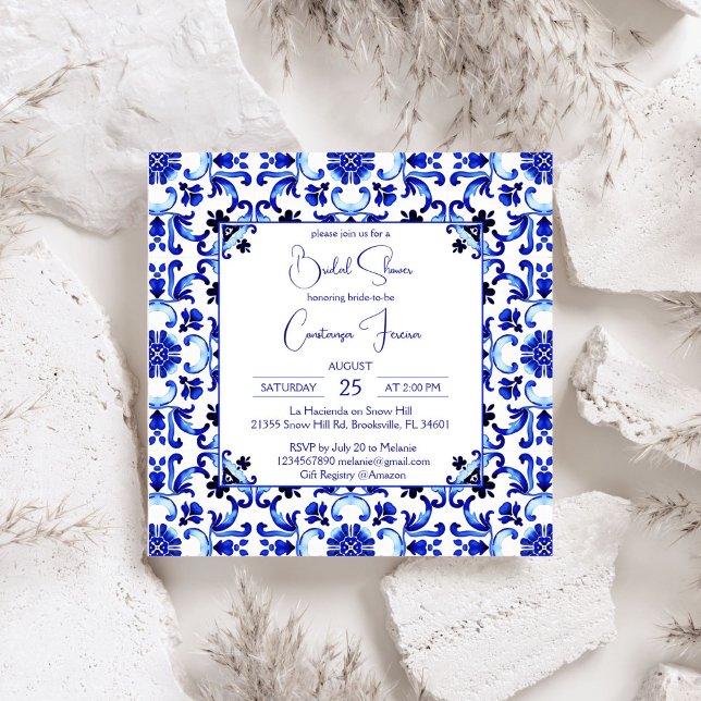 Talavera azulejo blauen Fliesen Mexikanisches Brau Einladung (Talavera azulejo blue tiles Mediterranian Italian vintage  Mexican bridal shower Invitation template)