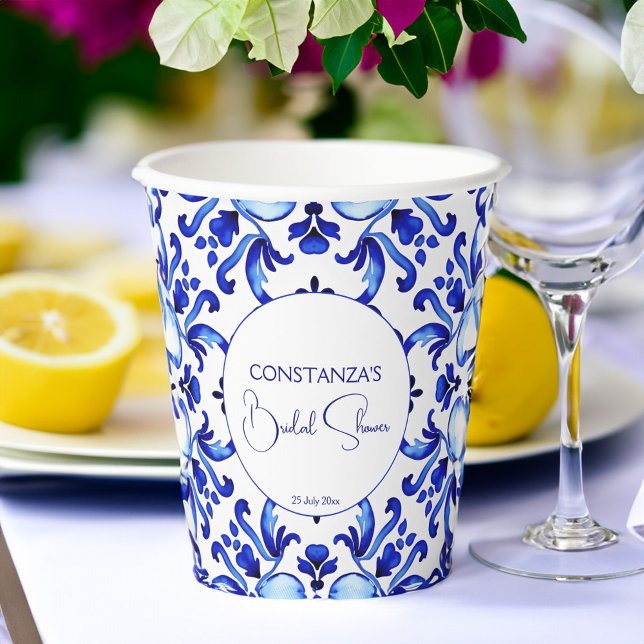Talavera azulejo blauen Fliesen Mexikanisches Brau Pappbecher (Talavera azulejo blue tiles vintage Mexican bridal shower monogram printed Paper Cups table decor)