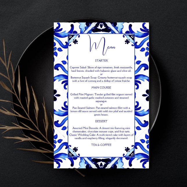 Talavera azulejo blauen Fliesen Vintag mexikanisch (Talavera azulejo Maiolica blue tiles vintage Mexican bridal shower wedding menu card template)
