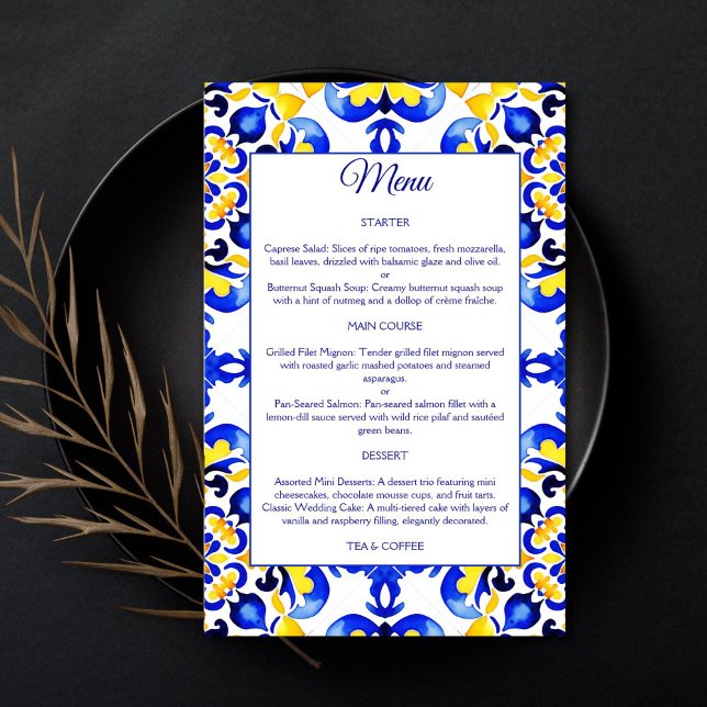 Talavera azulejo menu carreaux bleu méditerranéen (Talavera azulejo Mediterranean Maiolica blue tiles menu card blue and yellow tiles menu table decor)