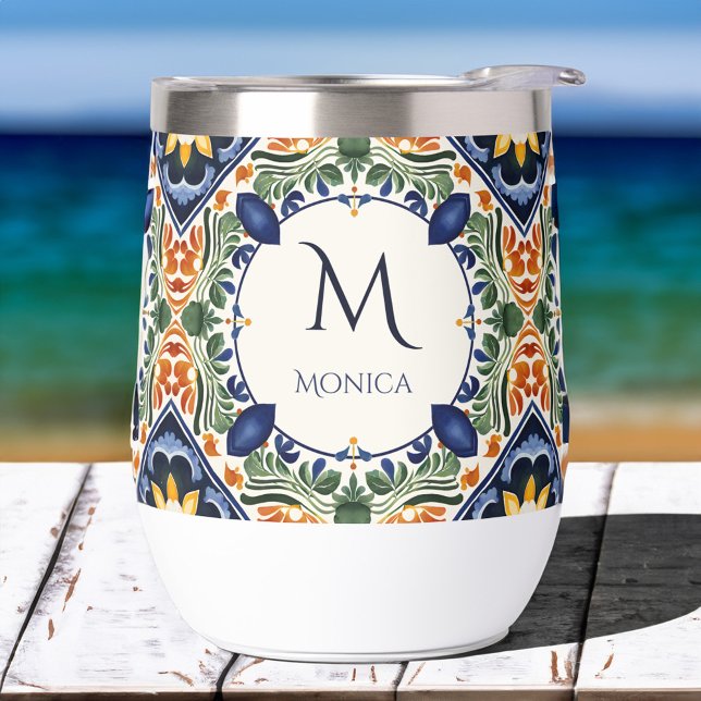Talavera Azulejo tile bridesmaifts gifts monogram (Talavera Azulejo blue tiles bridesmaids gifts for her personalized monogram Thermal Wine Tumbler)