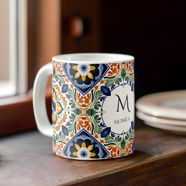 Talavera Azulejo Vintage Kachelmonogramm Kaffeetasse (Talavera Azulejo vintage tiles monogram personalized Coffee Mug bridesmaids gifts wedding favors)
