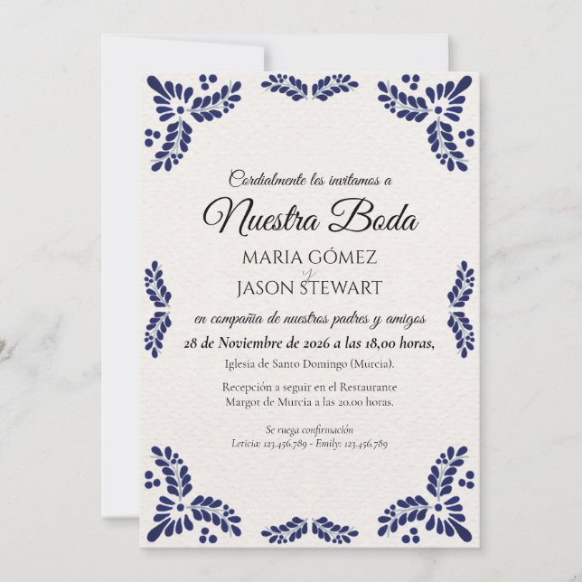 Talavera Black Floral Minimalist Spanish Wedding Einladung (Vorderseite)