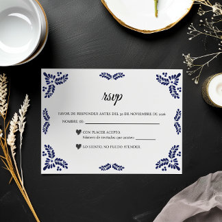 Talavera Black Floral Minimalist Spanish Wedding RSVP Karte