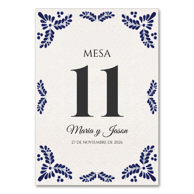 Talavera Black Floral Minimalist Spanish Wedding Tischnummer (Vorderseite)