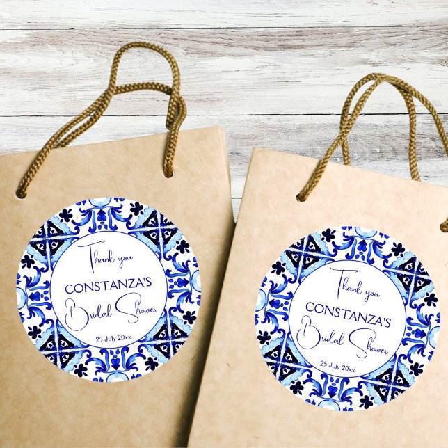 Talavera blauen Fliesen Mexikanisches Brautparty b Runder Aufkleber (Talavera blue tiles Mediterranean vintage Mexican bridal shower thank you favor Sticker template )