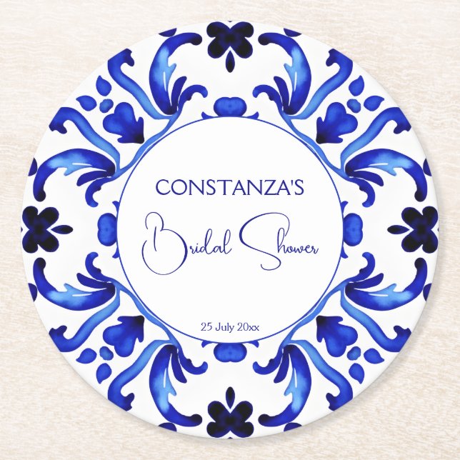 Talavera blauer Fliesen Mexikanisches Brautparty b Runder Pappuntersetzer (Vorderseite)