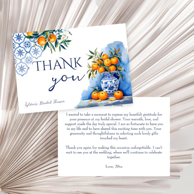 Talavera blue chinoiserie citrus Brautparty Dankeskarte (Talavera blue chinoiserie oranges citrus vintage Mexican Spanish bridal shower thank you card)