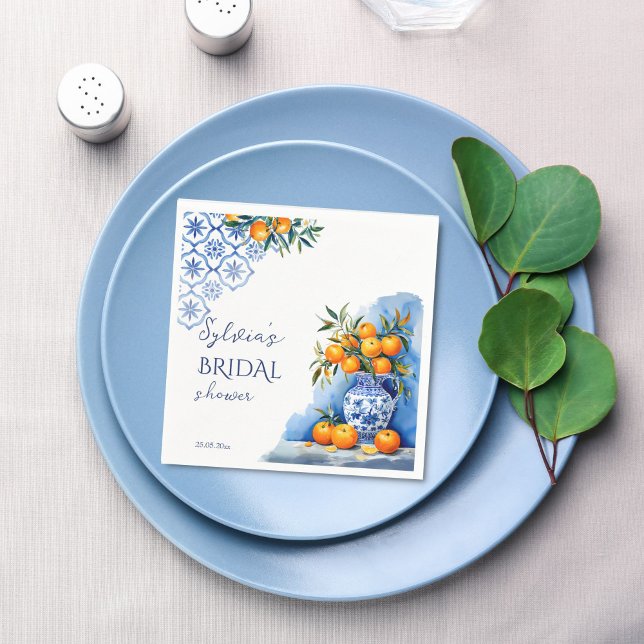 Talavera blue chinoiserie citrus Brautparty Serviette (Talavera blue chinoiserie vase oranges citrus Spanish Hacienda summer bridal shower printed napkins)