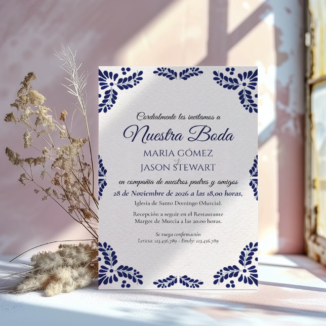 Talavera Blue Floral Minimalist Spanish Wedding Einladung (Talavera Blue Floral Minimalist Spanish Wedding Invitation)