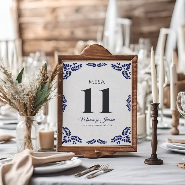 Talavera Blue Floral Minimalist Spanish Wedding Tischnummer (Talavera Blue Floral Minimalist Spanish Wedding Table Number)