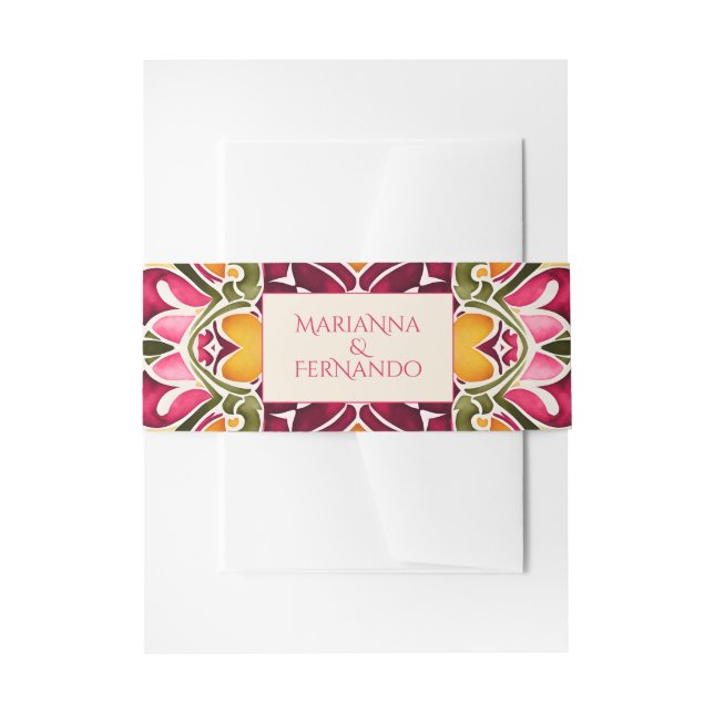Talavera fuchsia tile vintage Mexican wedding Einladungsbanderole (Vorderseite Beispiel)