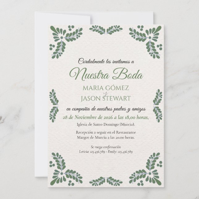 Talavera Green Floral Minimalist Spanish Wedding Einladung (Vorderseite)