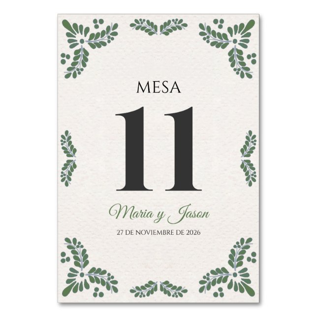 Talavera Green Floral Minimalist Spanish Wedding Tischnummer (Vorderseite)