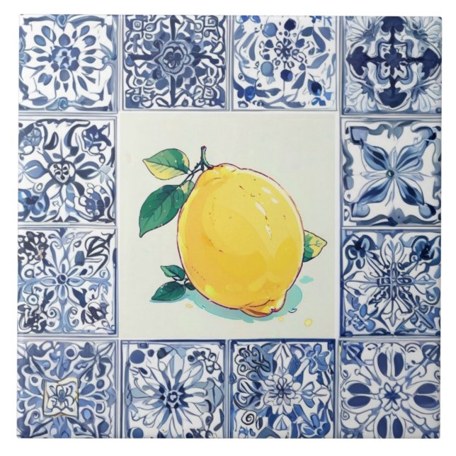Talavera Lemon - Blue and White Mediterranean Fliese (Vorderseite)