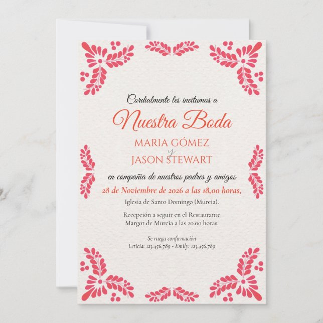 Talavera Orange Floral Minimalist Spanish Wedding Einladung (Vorderseite)