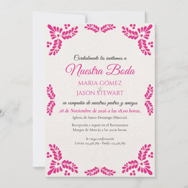 Talavera Pink Floral Minimalist Spanish Wedding Einladung (Vorderseite)