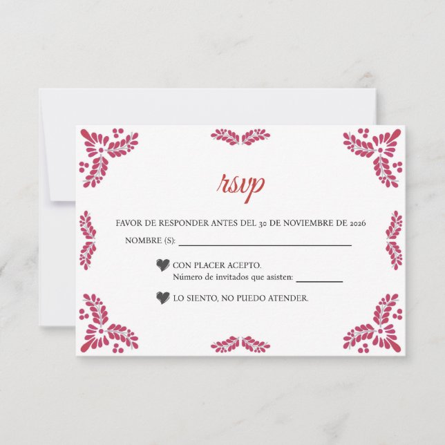 Talavera Red Floral Minimalist Spanish Wedding RSVP Karte (Vorderseite)