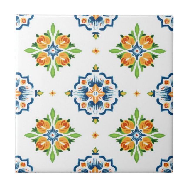 Talavera Seamless Blue Orange Green Mexiko Spanien Fliese (Vorderseite)