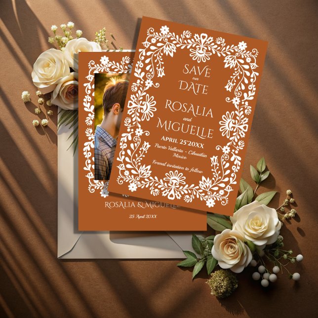 Talavera terracotta Mexikanisches Hochzeitsfest Fo Save The Date (Talavera terracotta vintage folk art Mexican wedding photo Save The Date cards template)