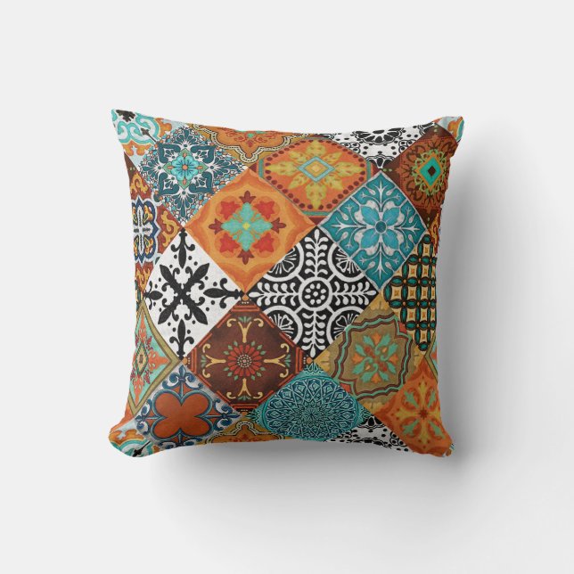 Talavera Tles Turquoise Teal Orange Black White Kissen (Vorderseite)
