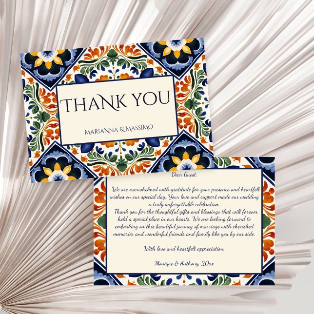 Talavera Vintage mexikanische Hochzeit Dankeskarte (Talavera vintage Mexican wedding Thank You Cards Azulejo blue tiles thank you cards)