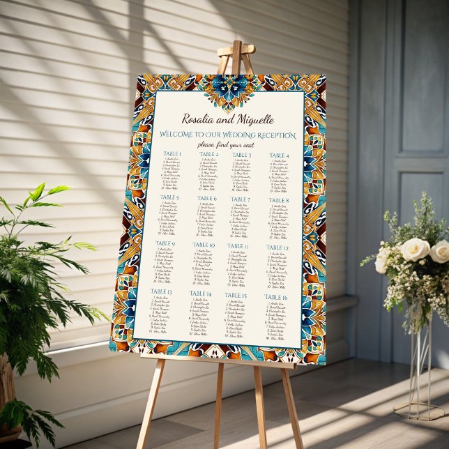 Talavera Vintager mexikanischer Hochzeitsplan Poster (Talavera Azulejo vintage Mexican wedding seating plan Poster template instant download for 16 tables)