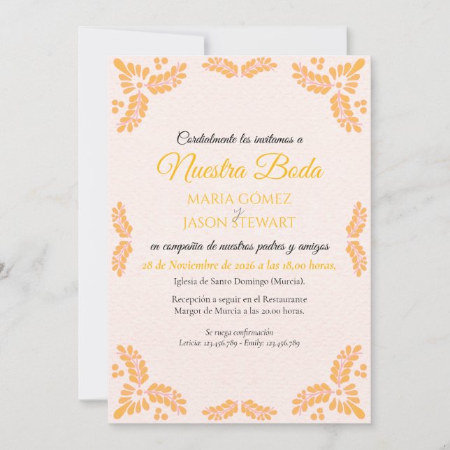 Talavera Yellow Floral Minimalist Spanish Wedding Einladung (Vorderseite)